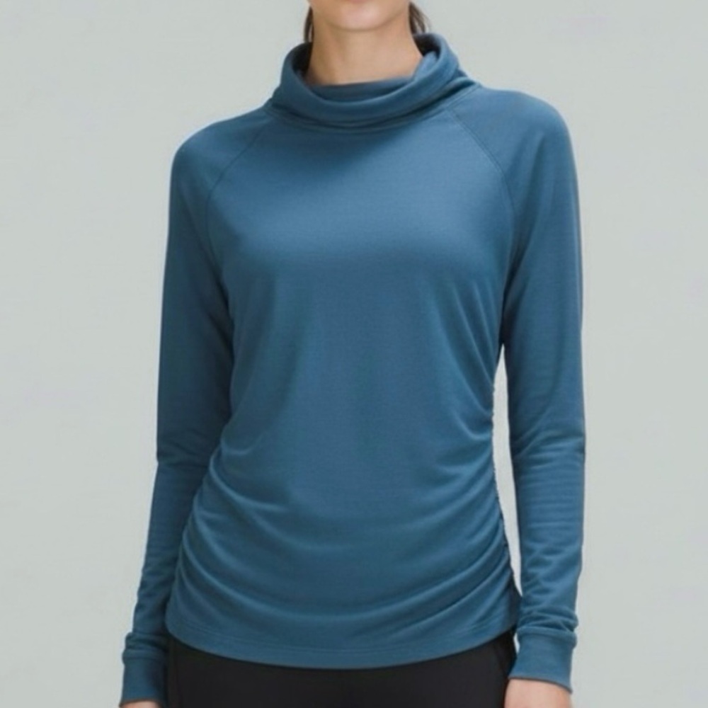 PEACH Clothing Teal Blue  Cowl Neck Fitted Ruched Sweatshirt M Chic